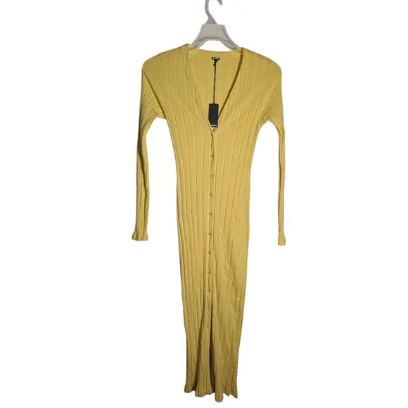 Monrow Women's Butter Yellow Flat-Rib Midi Cardigan Dress NWT Long Sleeve Large - Picture 2 of 10